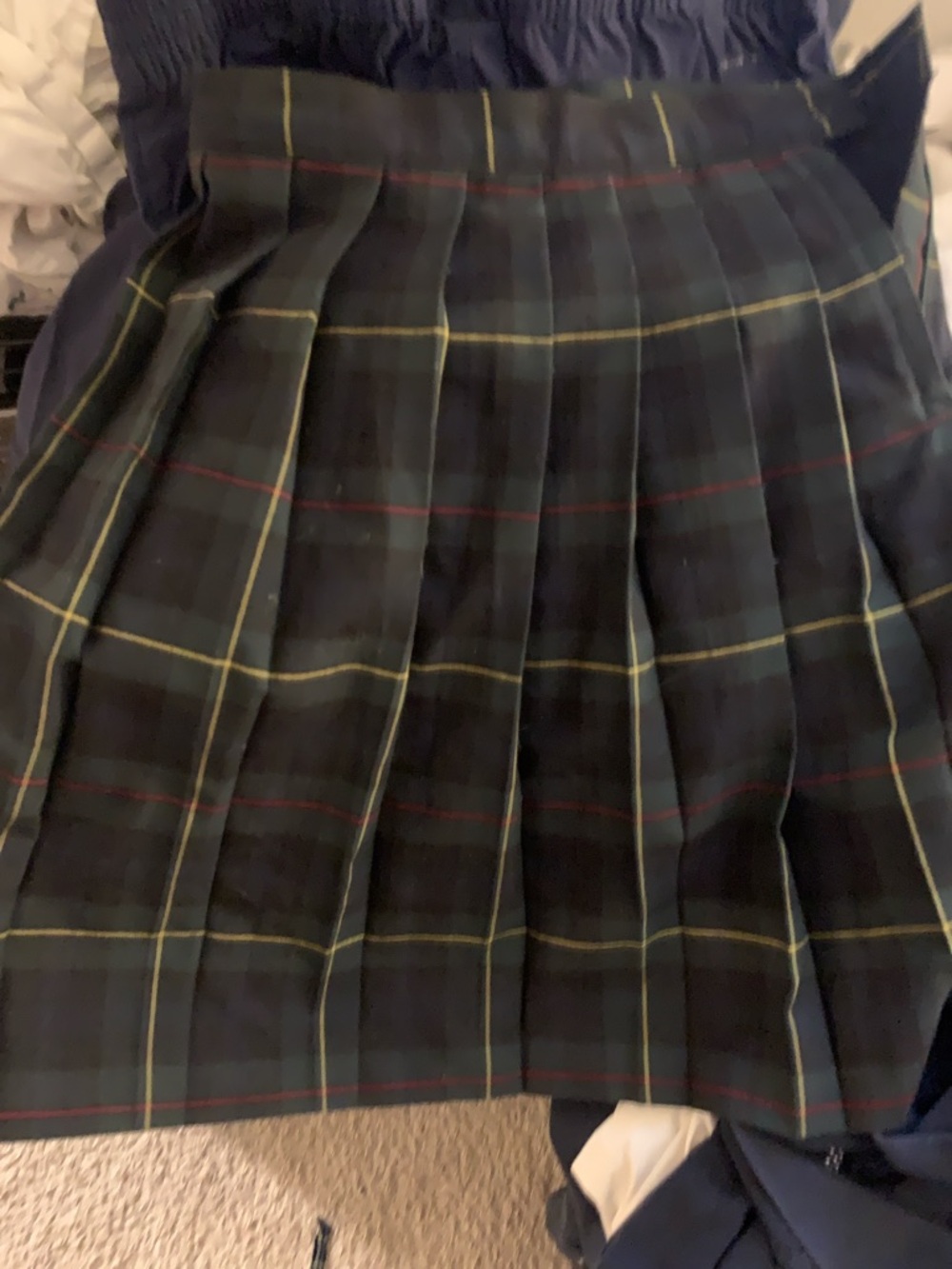 French Toast Dark Navy Plaid Pleated Mini Skirt with Green & Yellow Stripes